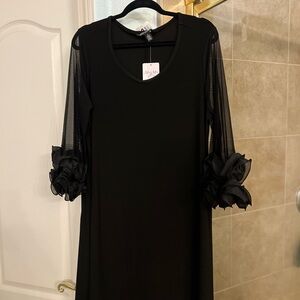 Nina Leonard Black Dress with Mesh Floral Sleeves
